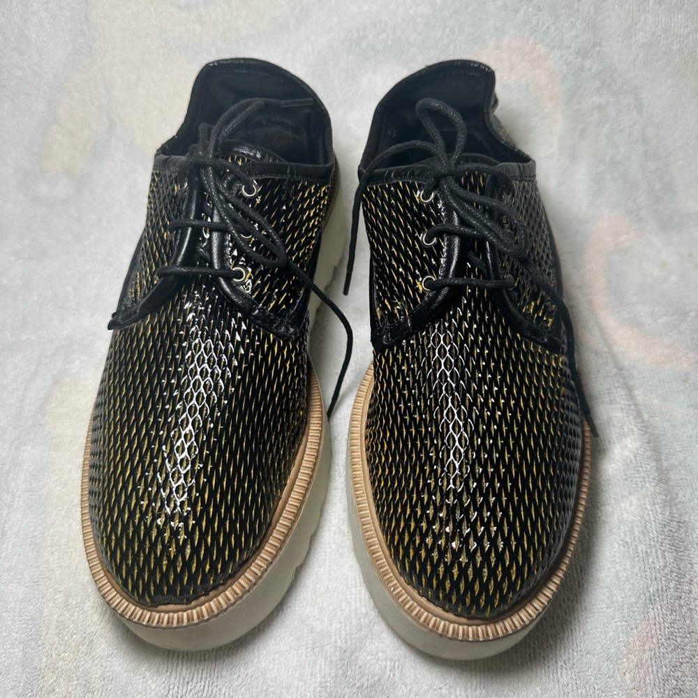 Pinko Black Gold Platform Oxford Shoes Lace Up Metallic Size 37